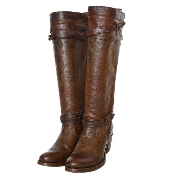 Womens Frye 76396 Jane Strappy Brown Leather Knee High Heel Riding Boots Sz 7 - Picture 1 of 9